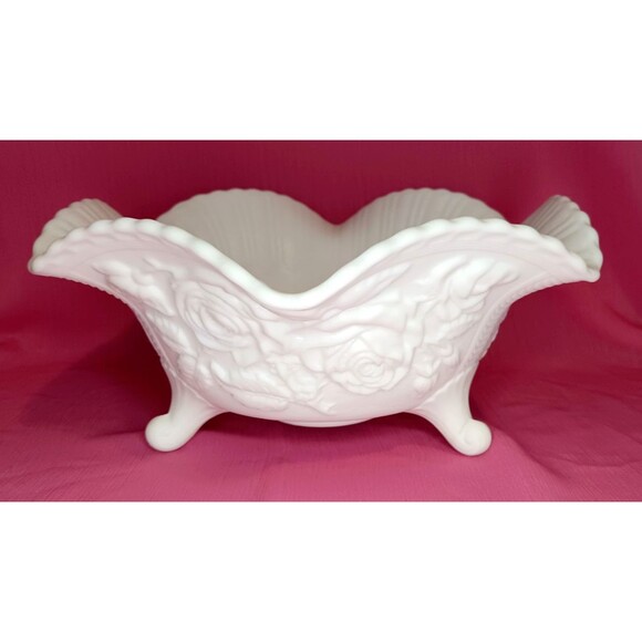 VTG Imperial Embossed Roses White Satin Milk Glass Bowl Scalloped Edge 3 Footed - Picture 3 of 7